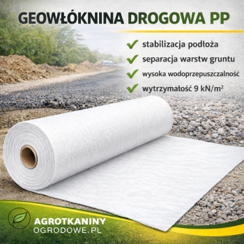 9kN Geowłóknina ATESTOWANA Drogowa PP Polipropylen szerokość 1x50 m. (100xx5000cm.) 50m2 110G./M2 Parking, Droga, Drenaż